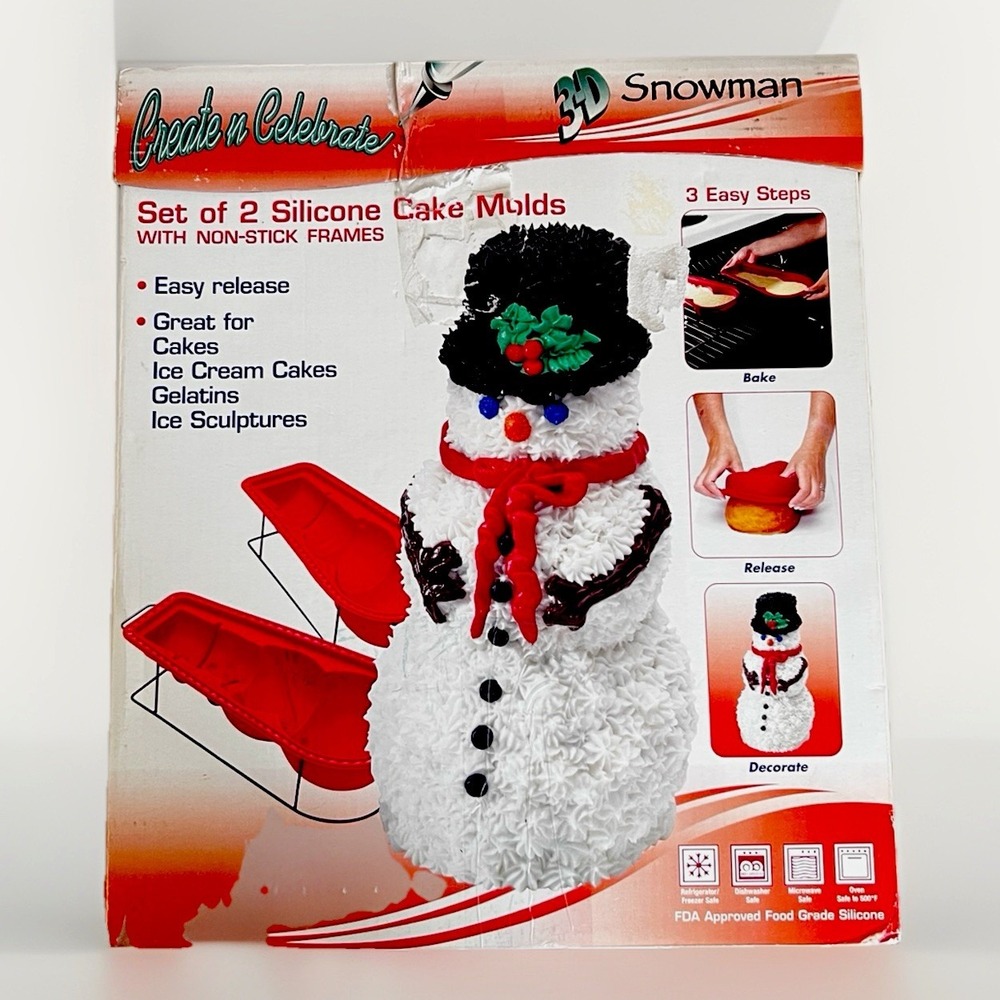 Create n Celebrate 3D Snowman Silicone Cake Mold Set of 2 With Metal Frames NEW